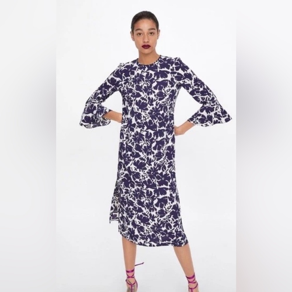 Zara Women’s Floral Print Midi Shift Dress XS Navy Blue 3/4 Sleeve Side Slits‎